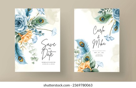 wedding invitation card with beautiful floral and peacock feather