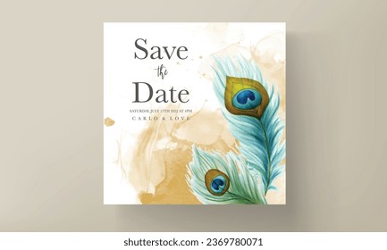 wedding invitation card with beautiful floral and peacock feather