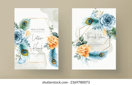 wedding invitation card with beautiful floral and peacock feather