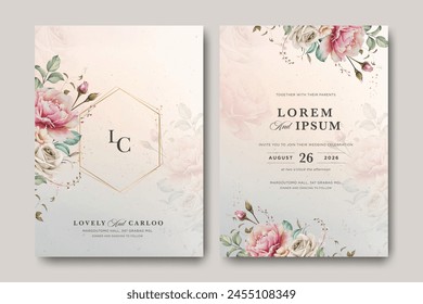 wedding invitation card with beautiful floral and creamy color background