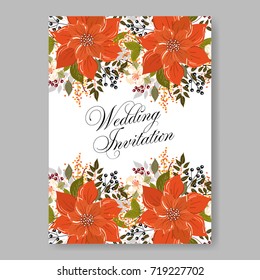 Wedding invitation card with beautiful floral vector background red poinsettia