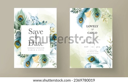 wedding invitation card with beautiful floral and peacock feather