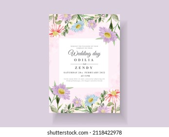 Wedding invitation card with beautiful flower and leaves watercolor