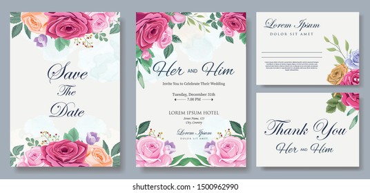 Wedding Invitation Card with Beautiful Flowers and Leaves