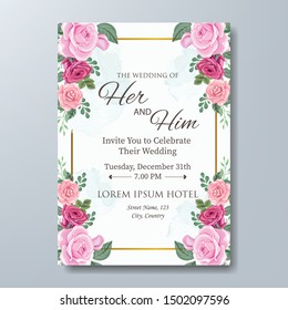 Wedding Invitation Card with Beautiful Flowers and Leaves