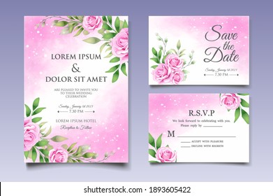 Wedding invitation card with beautiful flowers and leaves