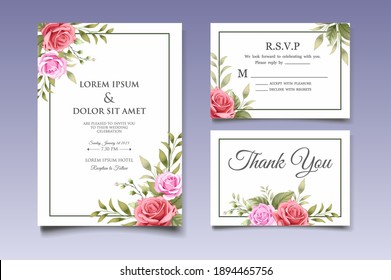 Wedding invitation card with beautiful flowers and leaves