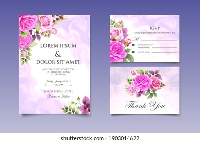 Wedding invitation card with beautiful flowers and leaves