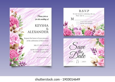 Wedding invitation card with beautiful flowers and leaves