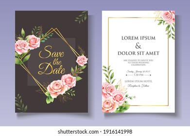 Wedding invitation card with beautiful flowers and leaves