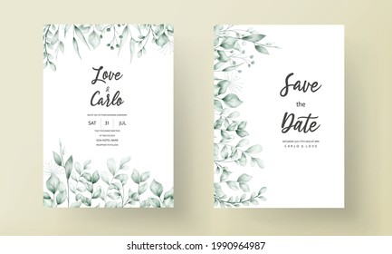 Wedding invitation card with beautiful hand drawn watercolor leaves