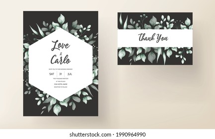 Wedding invitation card with beautiful hand drawn watercolor leaves