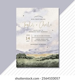 wedding invitation card with beautiful landscape watercolor background