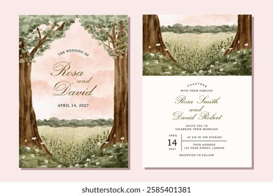 wedding invitation card with beautiful landscape watercolor background