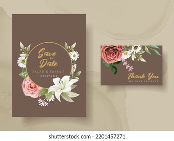 wedding invitation card with beautiful red and white flowers and greenery leaves watercolor