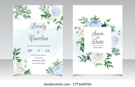 Wedding invitation card with beautiful roses,  greenery  leaves,  and blueberries