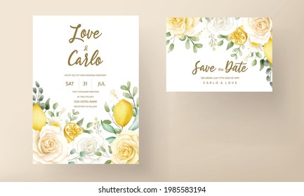 wedding invitation card with beautiful summer roses and lemon wreath frame