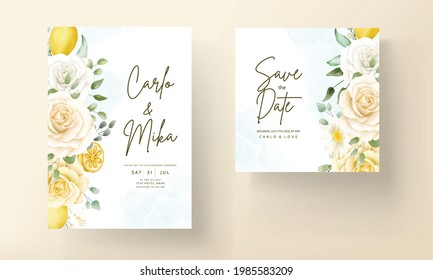 wedding invitation card with beautiful summer roses and lemon wreath frame
