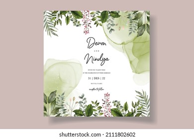 wedding invitation card with beautiful watercolor green leaf decoration