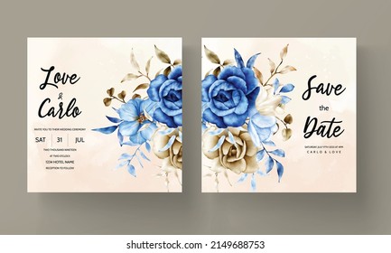 wedding invitation card with beautiful watercolor flower and leaves