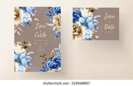 wedding invitation card with beautiful watercolor flower and leaves