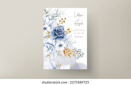 wedding invitation card with beautiful white blue and gold floral