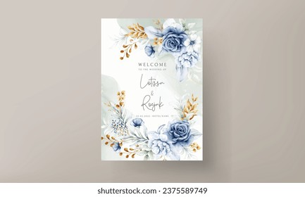wedding invitation card with beautiful white blue and gold floral