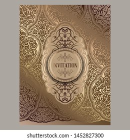 Wedding invitation card with beige and gold shiny eastern and baroque rich foliage. Ornate islamic background for your design. Islam, Arabic, Indian, Dubai
