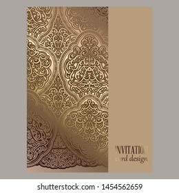 Wedding invitation card with beige and gold shiny eastern and baroque rich foliage. Ornate islamic background for your design. Islam, Arabic, Indian, Dubai