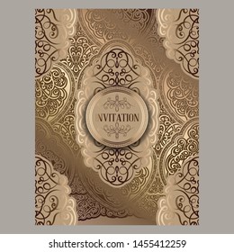 Wedding invitation card with beige and gold shiny eastern and baroque rich foliage. Ornate islamic background for your design. Islam, Arabic, Indian, Dubai