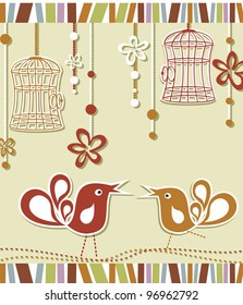 wedding invitation card with a bird cage and flowers