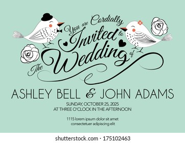 Wedding Invitation Card with Bird on Mint Green Background