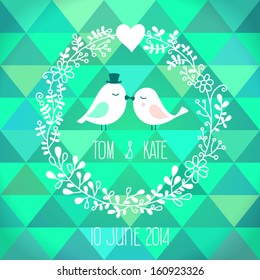 Wedding invitation card with birds.