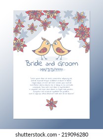 Wedding invitation card with birds  and flowers. Vector illustration.