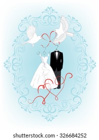 Wedding invitation card with birds, hearts and dress the bride and groom in a beautiful frame. Vector illustration