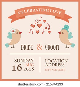 Wedding invitation card with birds in love.