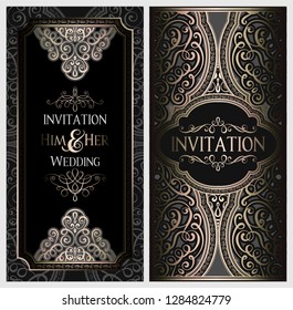 Wedding invitation card with black and gold shiny eastern and baroque rich foliage. Ornate islamic background for your design. Islam, Arabic, Indian, Dubai