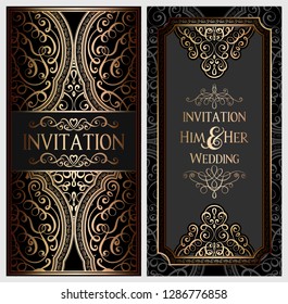 Wedding invitation card with black and gold shiny eastern and baroque rich foliage. Ornate islamic background for your design. Islam, Arabic, Indian, Dubai