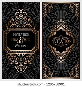 Wedding invitation card with black and gold shiny eastern and baroque rich foliage. Ornate islamic background for your design. Islam, Arabic, Indian, Dubai