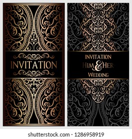 Wedding invitation card with black and gold shiny eastern and baroque rich foliage. Ornate islamic background for your design. Islam, Arabic, Indian, Dubai