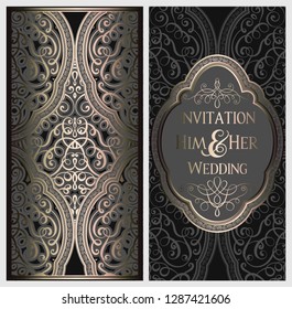 Wedding invitation card with black and gold shiny eastern and baroque rich foliage. Ornate islamic background for your design. Islam, Arabic, Indian, Dubai