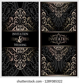 Wedding invitation card with black and gold shiny eastern and baroque rich foliage. Ornate islamic background for your design.