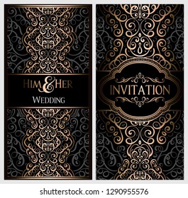 Wedding invitation card with black and gold shiny eastern and baroque rich foliage. Ornate islamic background for your design. Islam, Arabic, Indian, Dubai