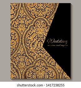 Wedding invitation card with black and gold shiny eastern and baroque rich foliage with sparkly glitter. Ornate islamic background for your design. Islam, Arabic, Indian, Dubai