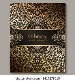 Wedding invitation card with black and gold shiny eastern and baroque rich foliage. Ornate islamic background for your design. Islam, Arabic, Indian, Dubai