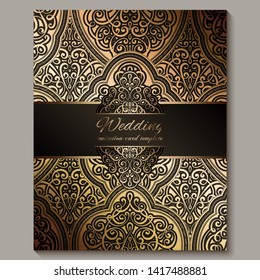 Wedding invitation card with black and gold shiny eastern and baroque rich foliage. Ornate islamic background for your design. Islam, Arabic, Indian, Dubai
