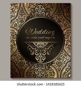 Wedding invitation card with black and gold shiny eastern and baroque rich foliage. Ornate islamic background for your design. Islam, Arabic, Indian, Dubai