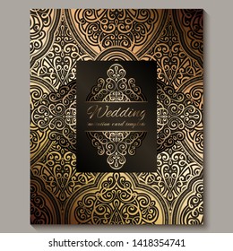 Wedding invitation card with black and gold shiny eastern and baroque rich foliage. Ornate islamic background for your design. Islam, Arabic, Indian, Dubai