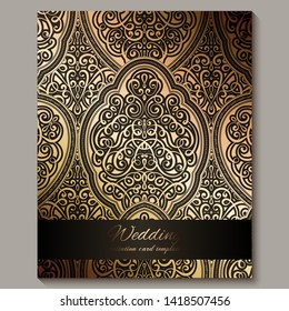 Wedding invitation card with black and gold shiny eastern and baroque rich foliage. Ornate islamic background for your design. Islam, Arabic, Indian, Dubai