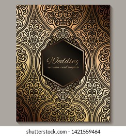 Wedding invitation card with black and gold shiny eastern and baroque rich foliage. Ornate islamic background for your design. Islam, Arabic, Indian, Dubai